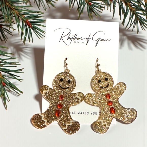 Gingerbread Man Christmas Dangle Earrings – Sparkly Holiday Jewelry, NWT - Picture 3 of 7